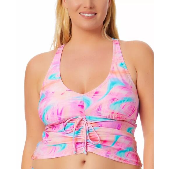 California Waves Trendy Tie-Dye Drawstring Tankini Top Multi Pink Size 20/22 - Picture 1 of 10